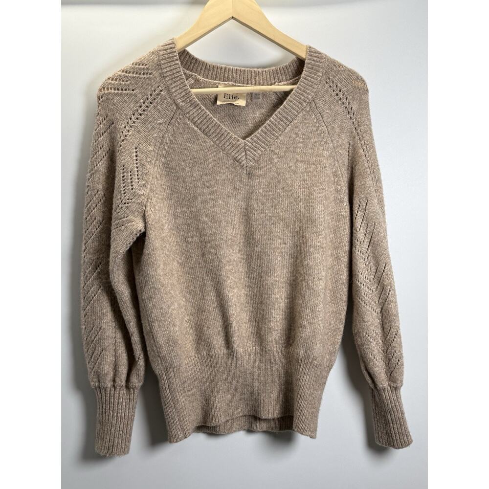 Elie Tahari Beige Pointelle Sweater XS Chunky Knit Cottagecore Soft Feminine